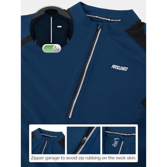 ARSUXEO Cycling Jersey Long Sleeve Quarter Zip Montego Blue Utility Performance - Picture 2 of 11